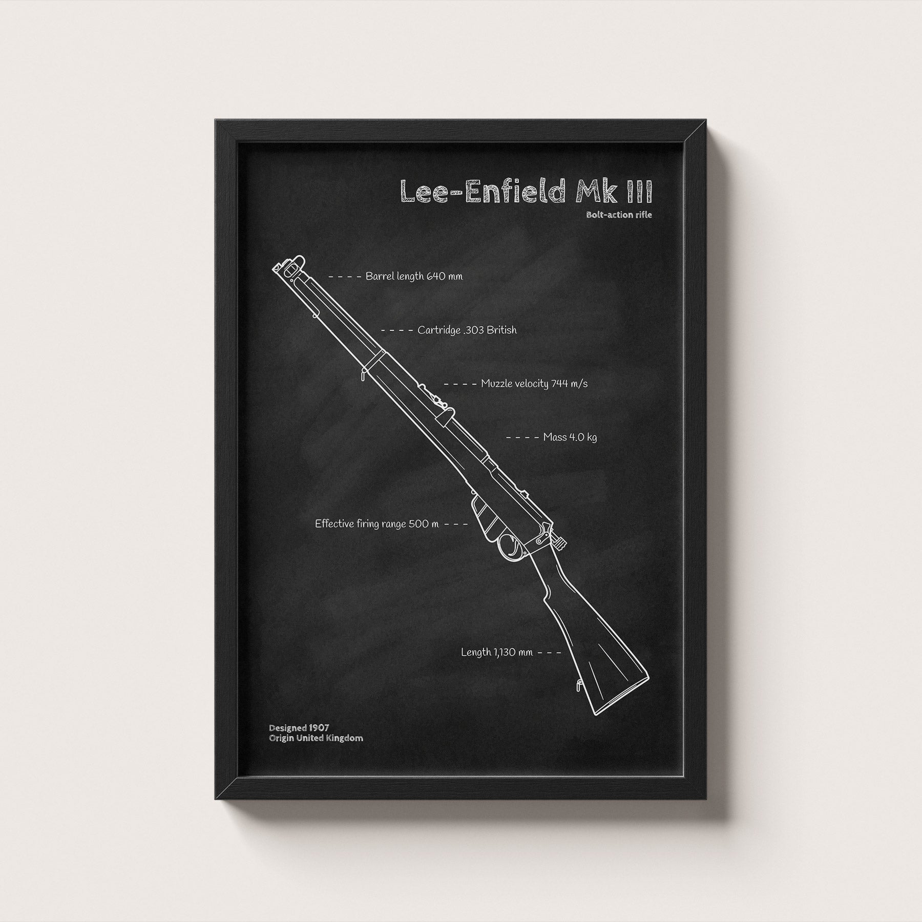 Framed diagram of a Lee-Enfield Mk III rifle on a white background