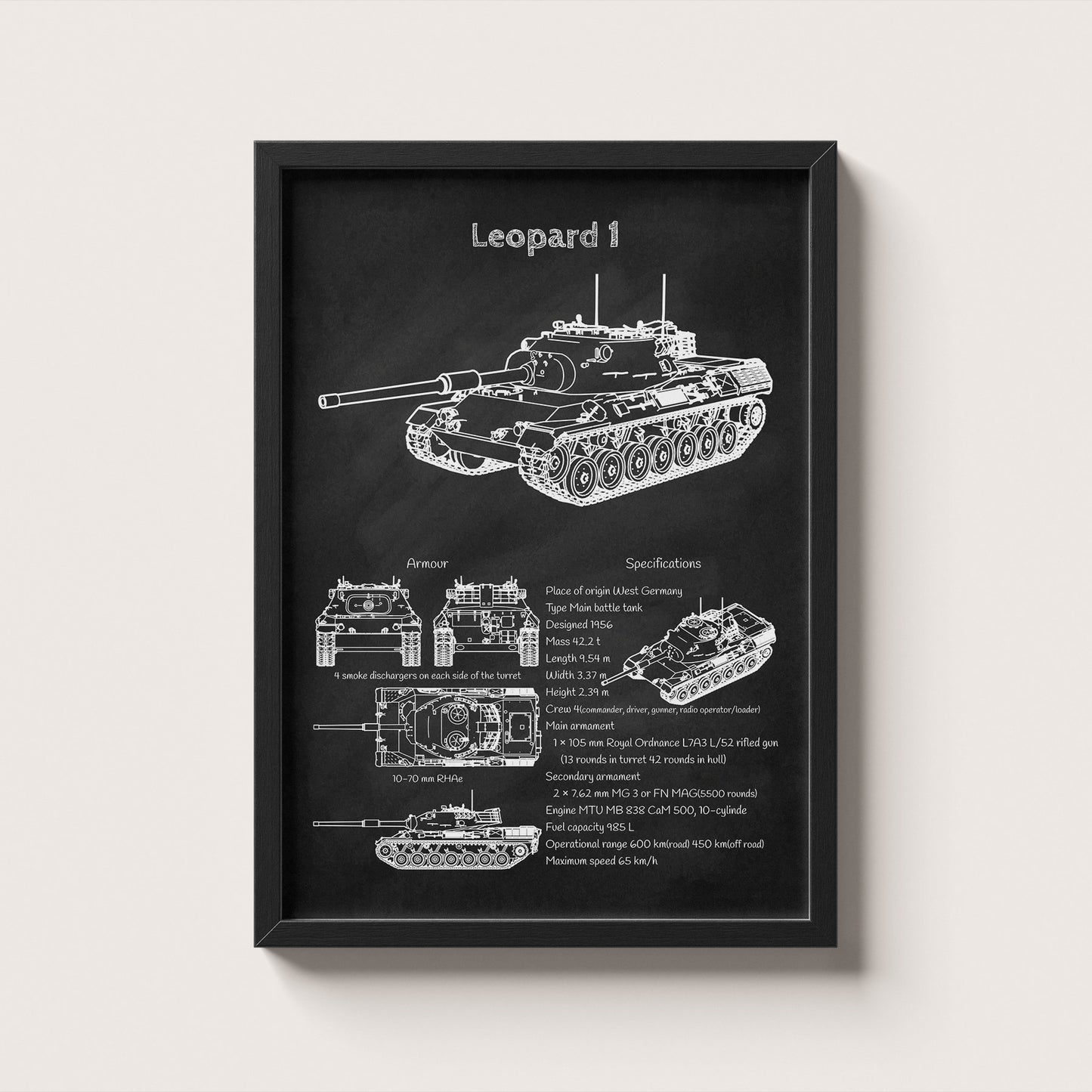 Framed Leopard 1 tank blueprint poster hanging on wall – military wall art for home or office