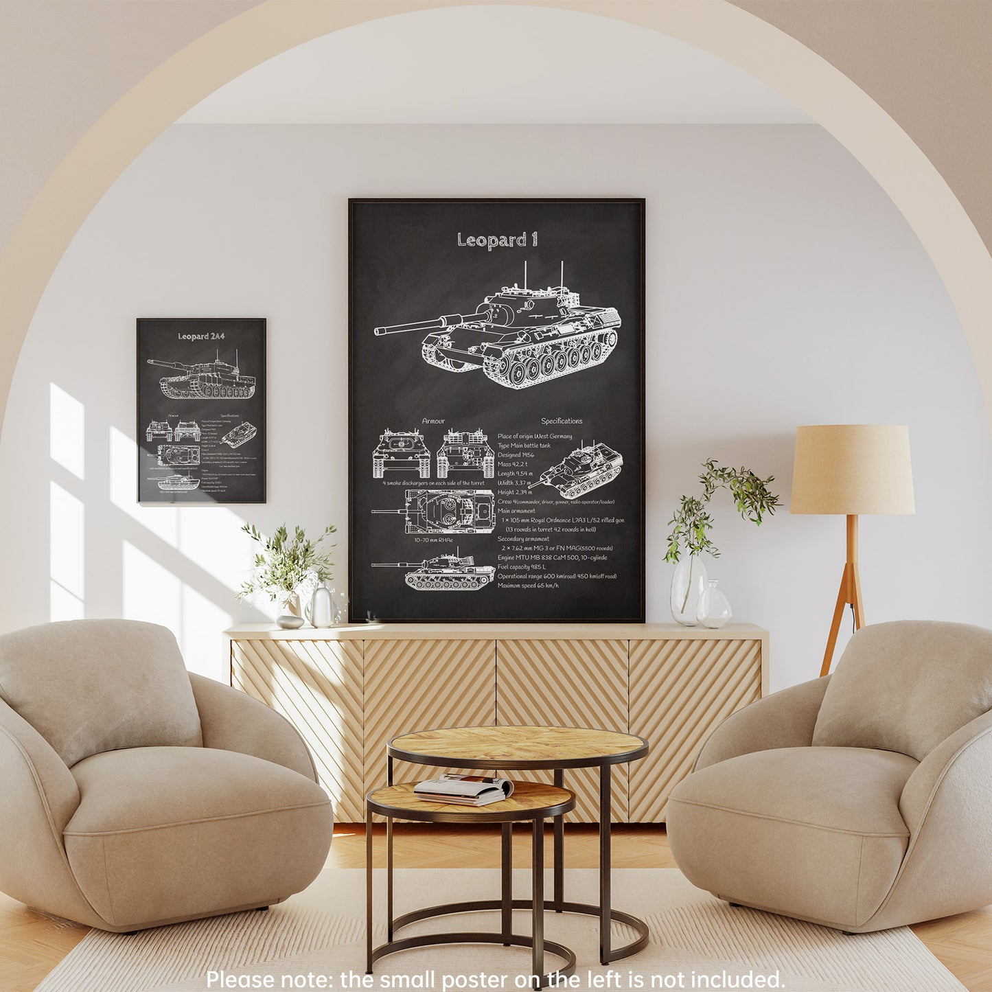 Framed Leopard 1 tank blueprint displayed in living room – military decor
