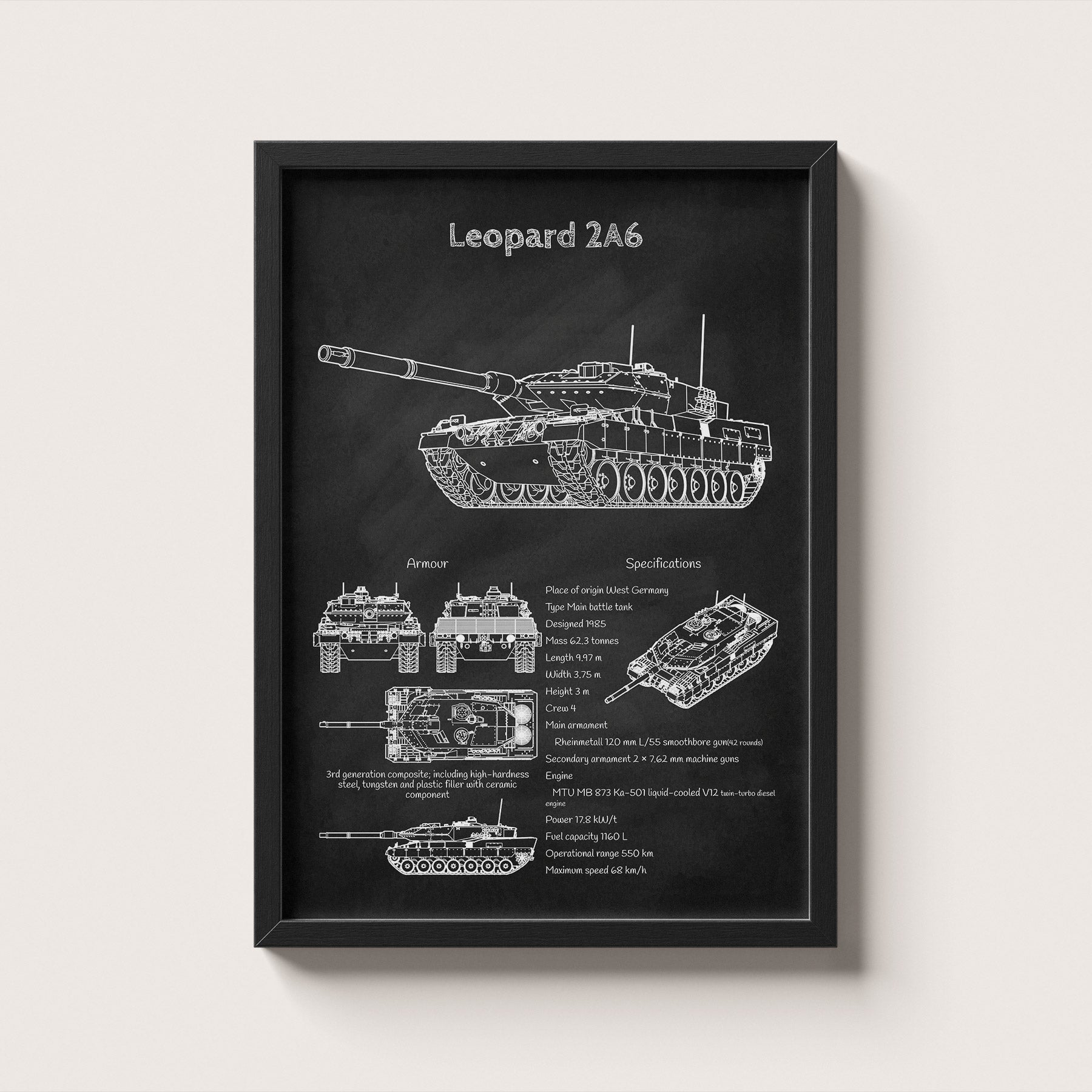 Framed Leopard 2 tank blueprint poster hanging on wall – military wall art for home or office