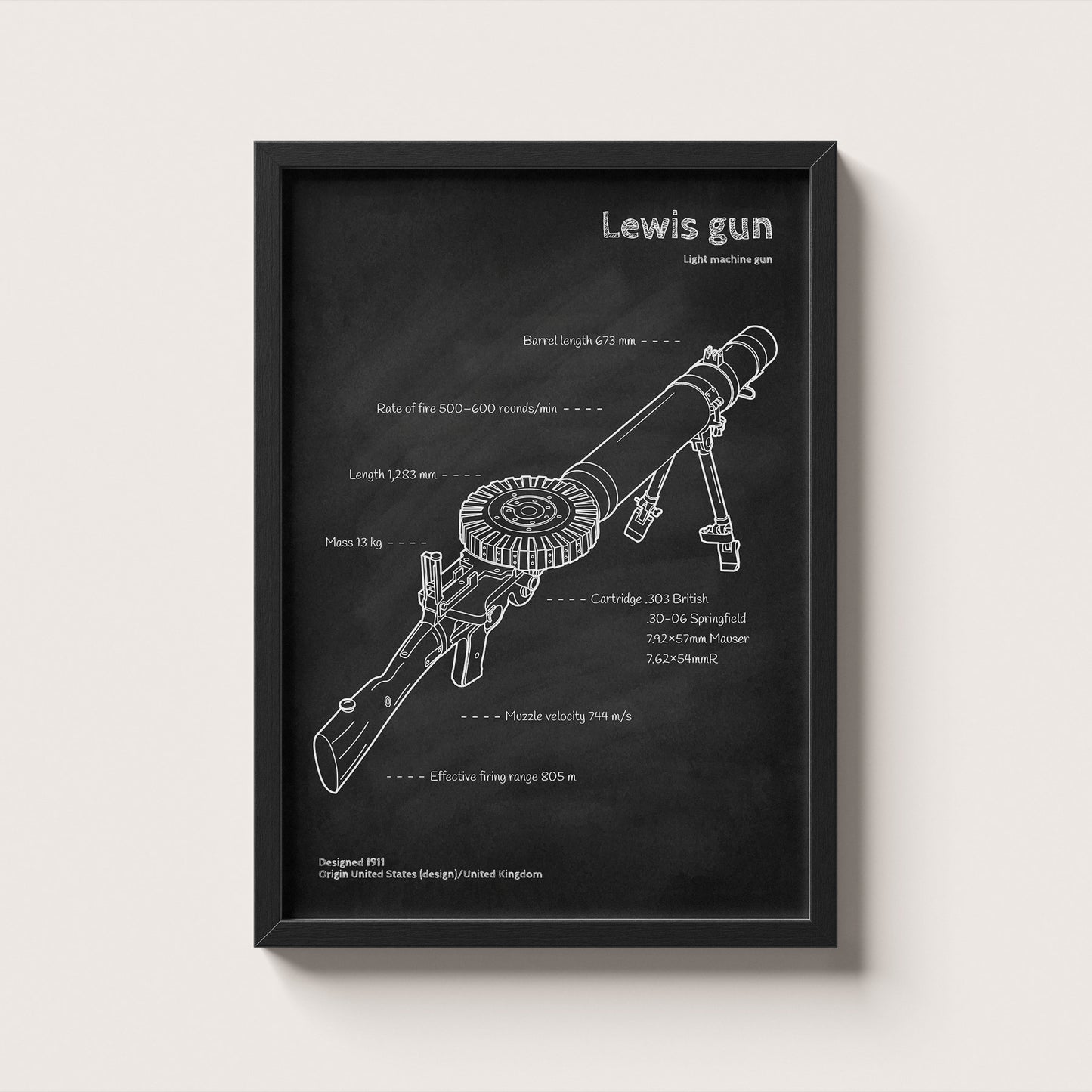 Framed Lewis gun blueprint poster - minimalist firearm wall art hanging on wall