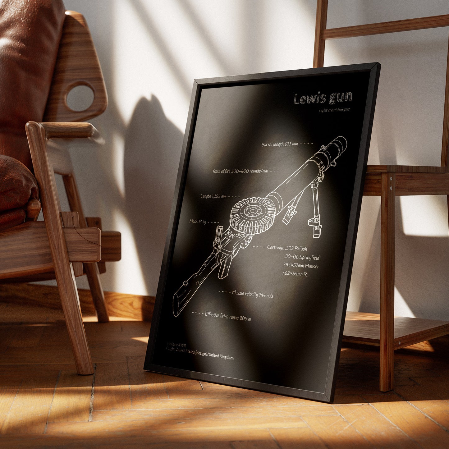 Lewis gun blueprint - firearm wall decor displayed next to chair