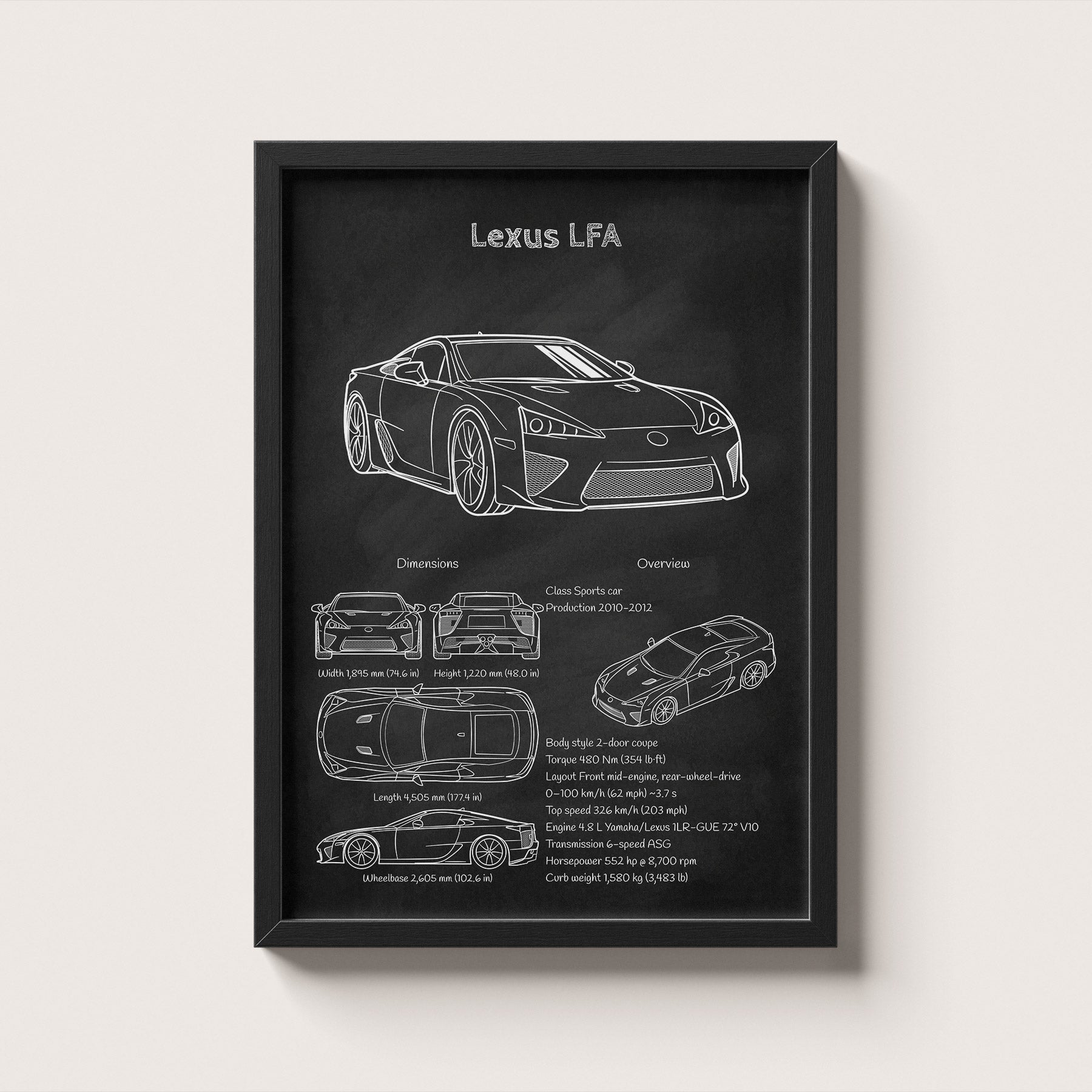 Framed poster of a Lexus LFA with technical drawings and specifications on a black background.