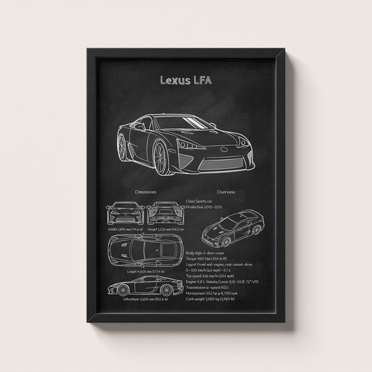 Framed poster of a Lexus LFA with technical drawings and specifications on a black background.