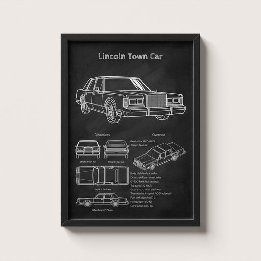 Framed black and white diagram of a Lincoln Town Car on a light gray background