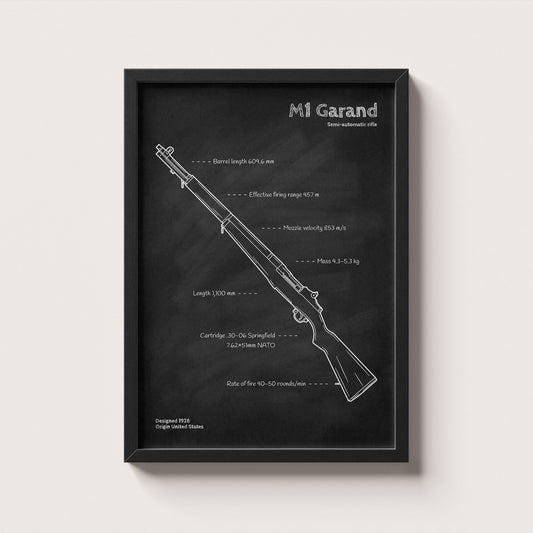Framed M1 Garand rifle blueprint poster - minimalist firearm wall art hanging on wall