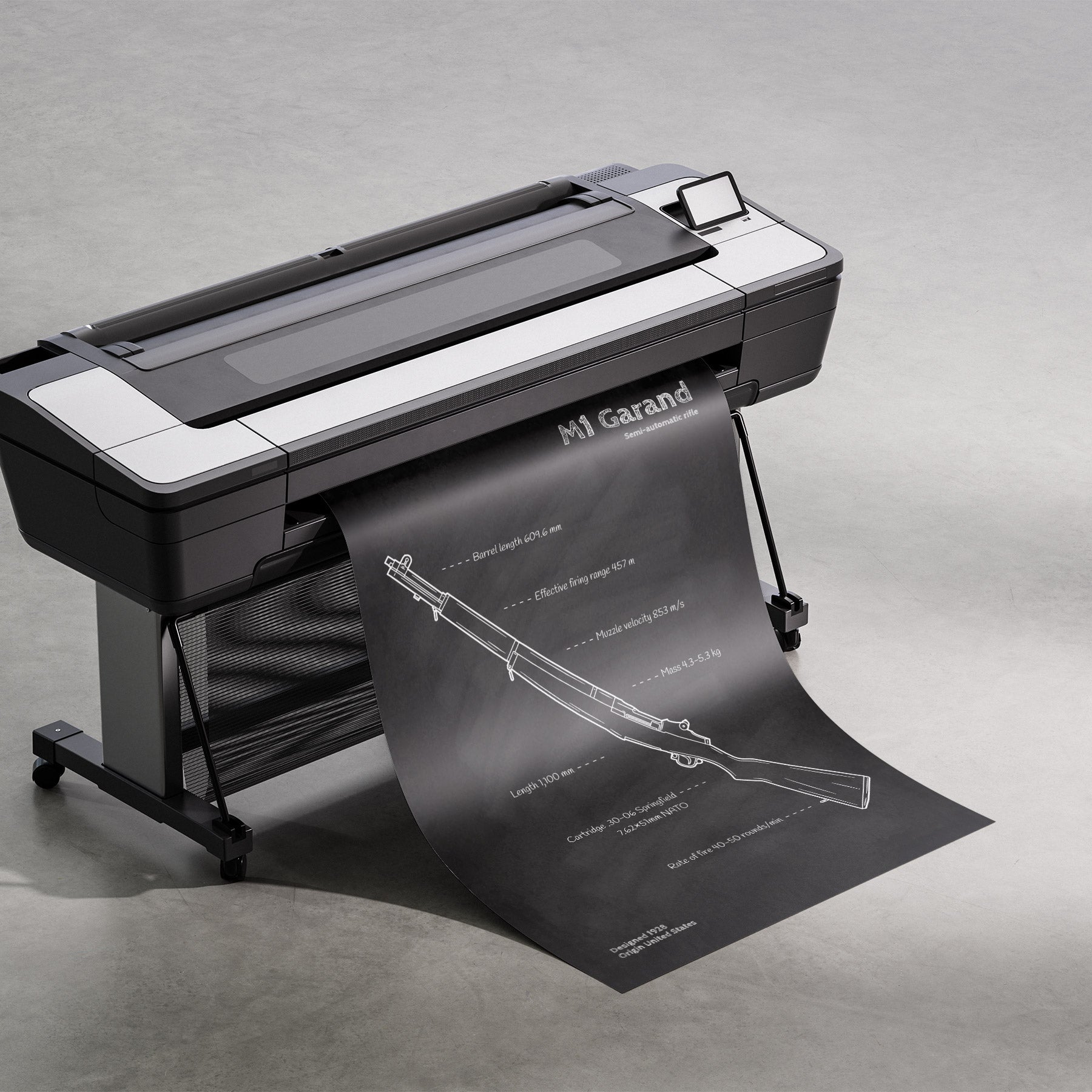 M1 Garand rifle blueprint being printed - firearm engineering wall art in progress