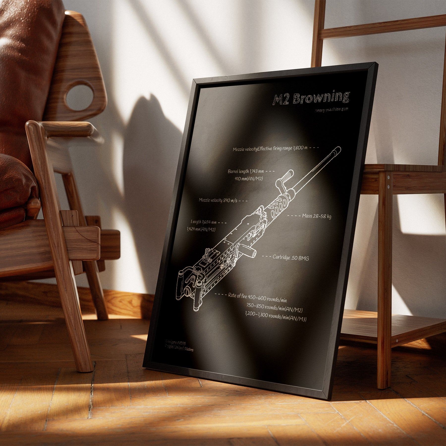 M2 machine gun blueprint - firearm wall decor displayed next to chair