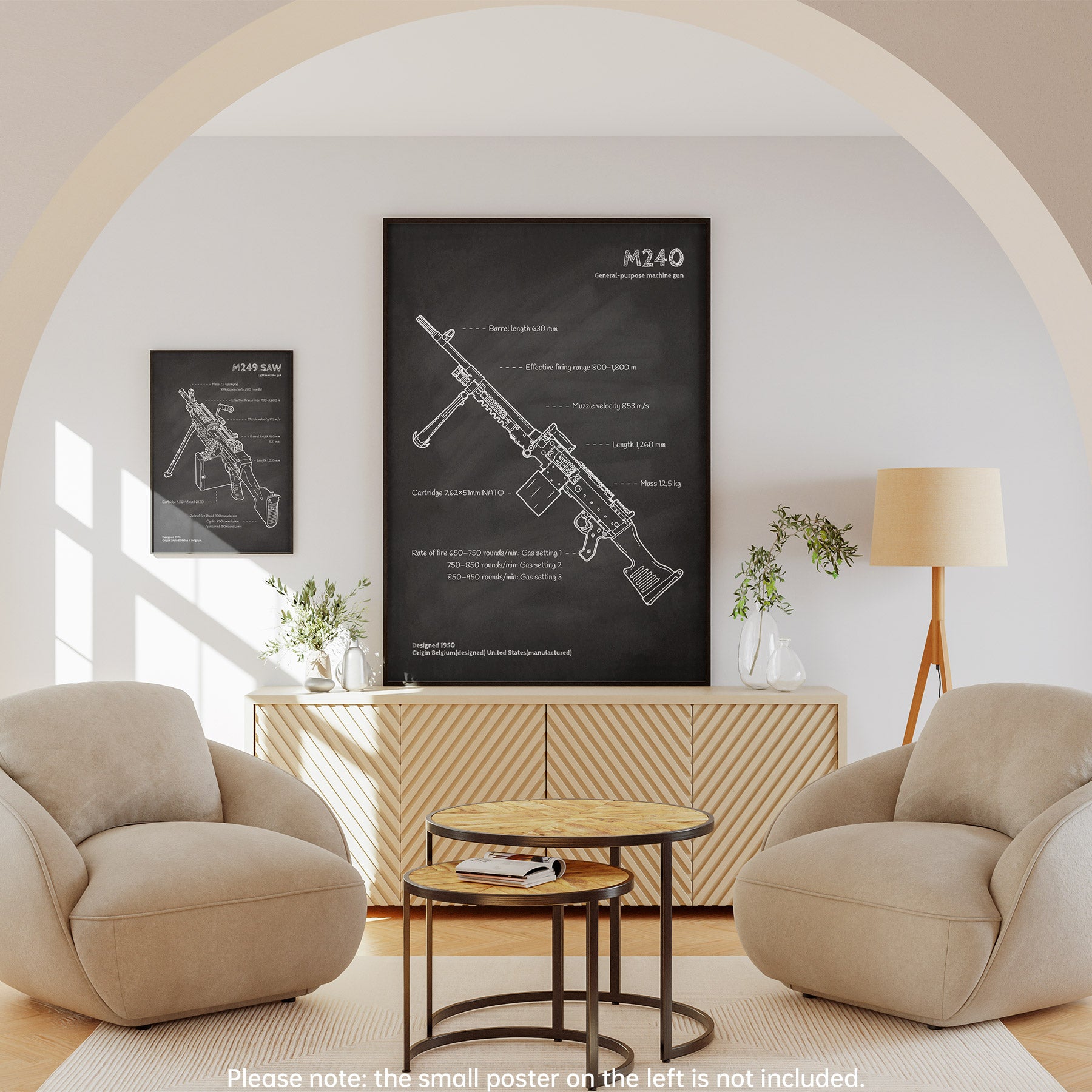 Framed M240 machine gun blueprint wall art - military poster decor in living room