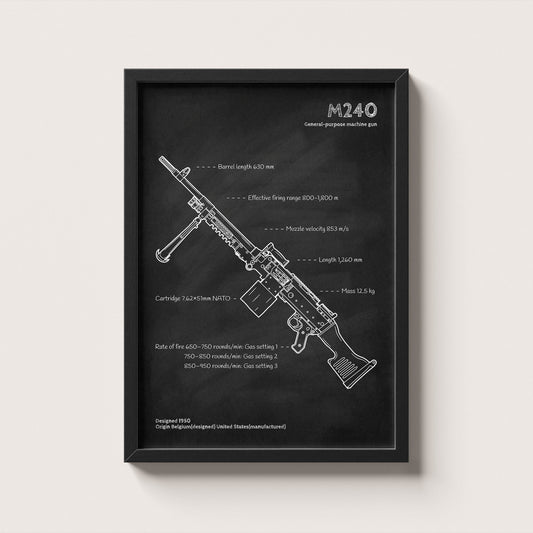 Framed M240 machine gun blueprint poster - minimalist firearm wall art hanging on wall