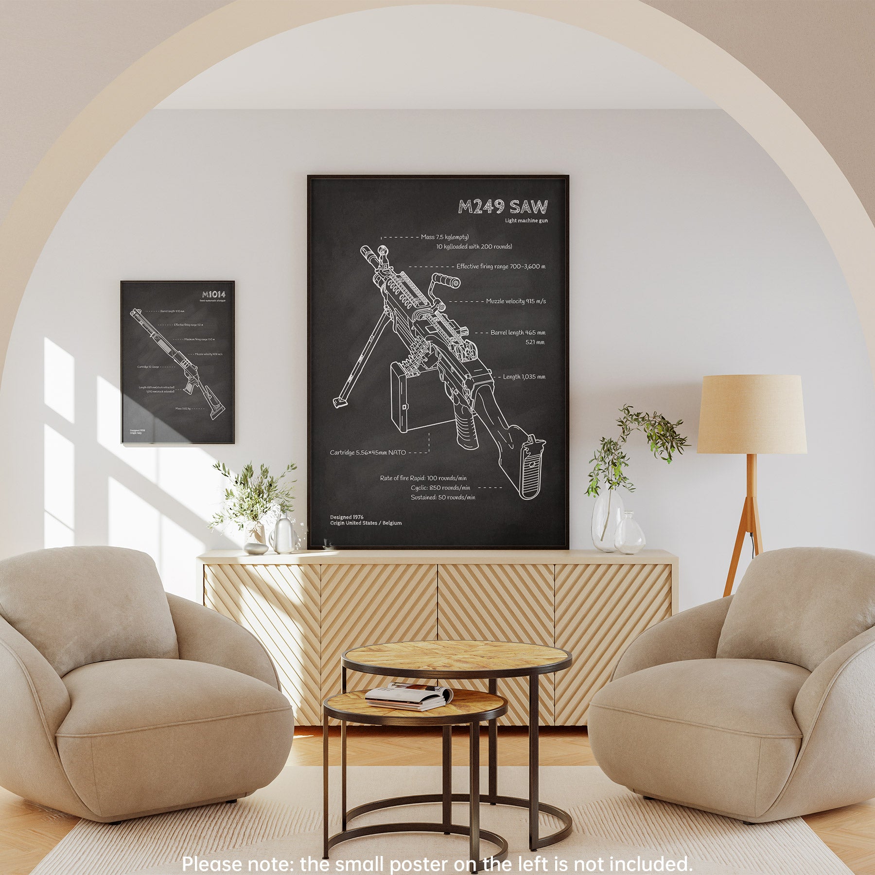 Framed M249 light machine gun blueprint wall art - military poster decor in living room