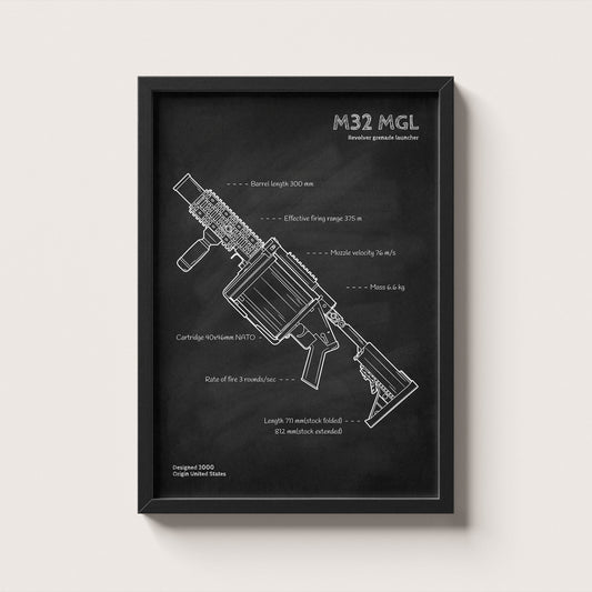Framed M32 grenade launcher blueprint poster - minimalist firearm wall art hanging on wall