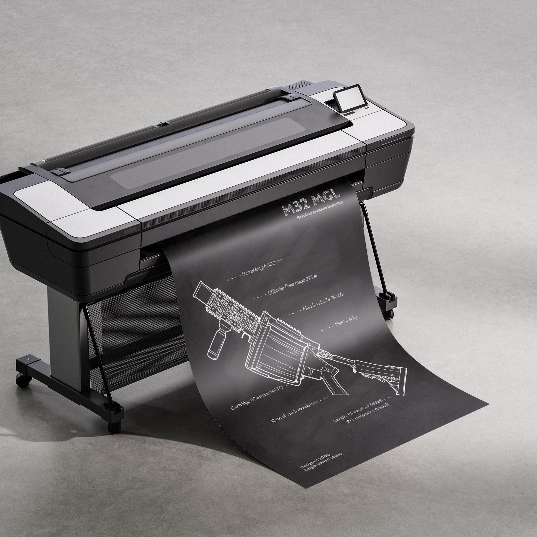 M32 Revolver grenade launcher blueprint being printed - firearm engineering wall art in progress