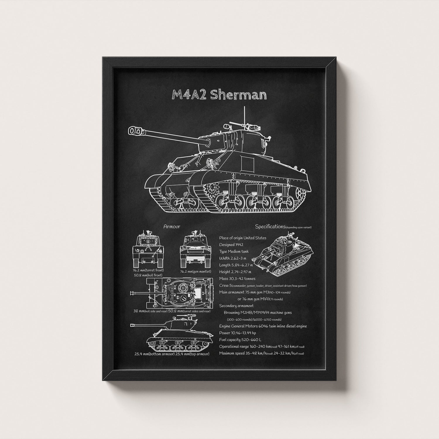 Framed M4 Sherman tank blueprint poster hanging on wall – military wall art for home or office