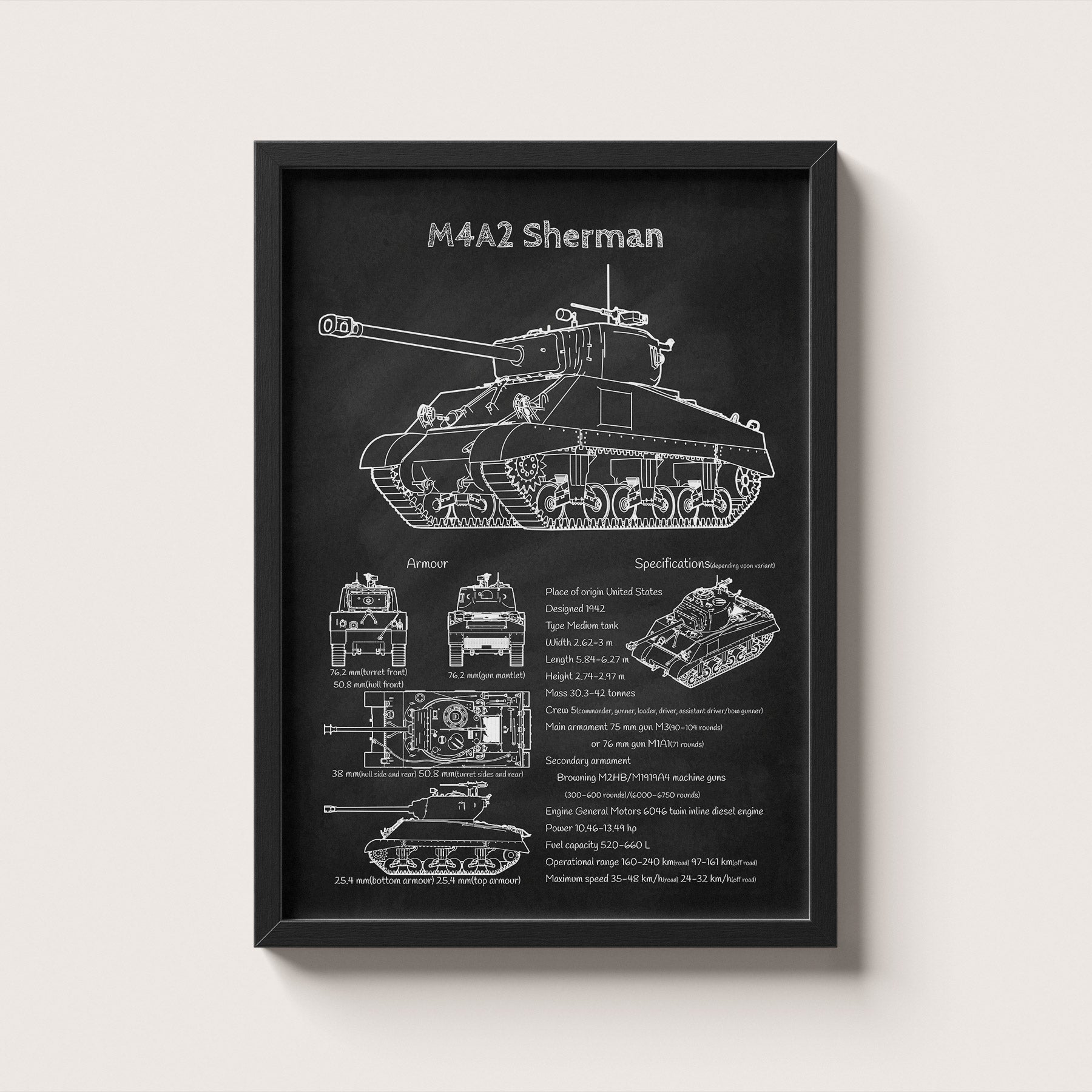 Framed M4 Sherman tank blueprint poster hanging on wall – military wall art for home or office