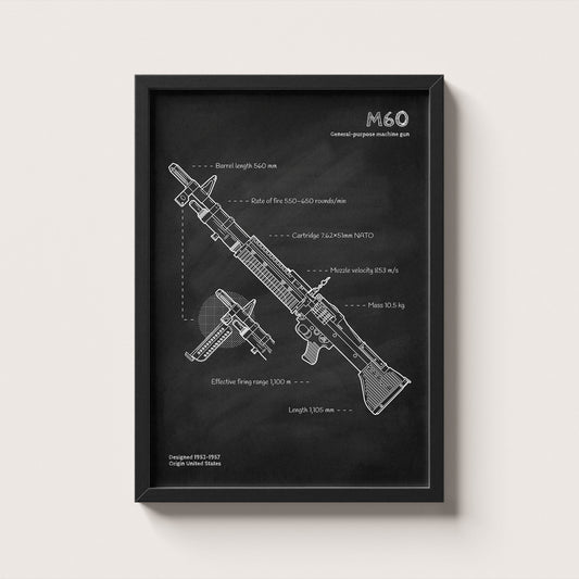 Framed M60 machine gun blueprint poster - minimalist firearm wall art hanging on wall