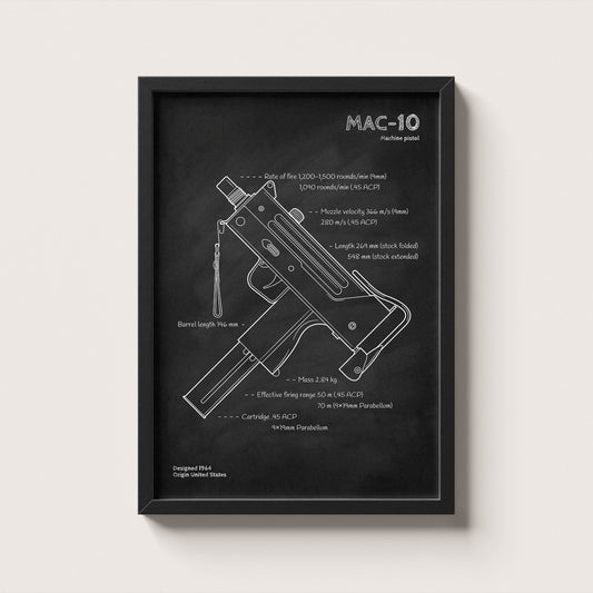 Framed poster of a technical drawing of a MAC-10 machine pistol on a black background.