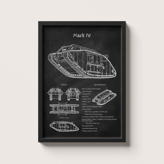 Framed Mark IV tank blueprint poster hanging on wall – military wall art for home or office