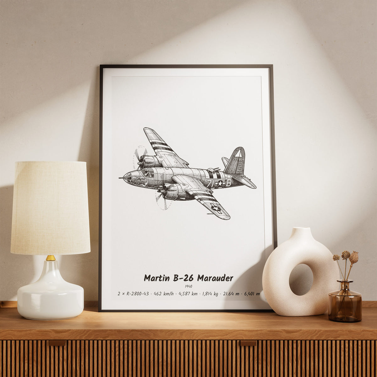 Framed Martin B-26 Marauder Print on a Shelf