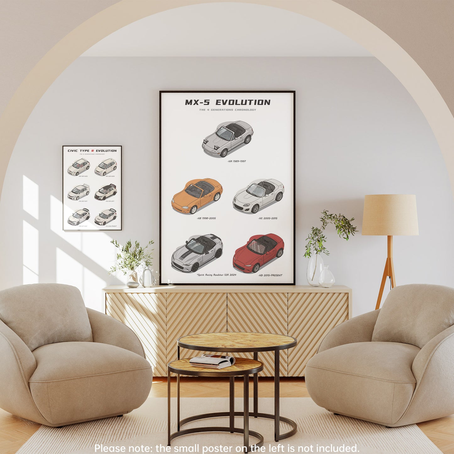 Living room with a framed poster of Mazda MX-5 evolution and smaller posters on the wall.