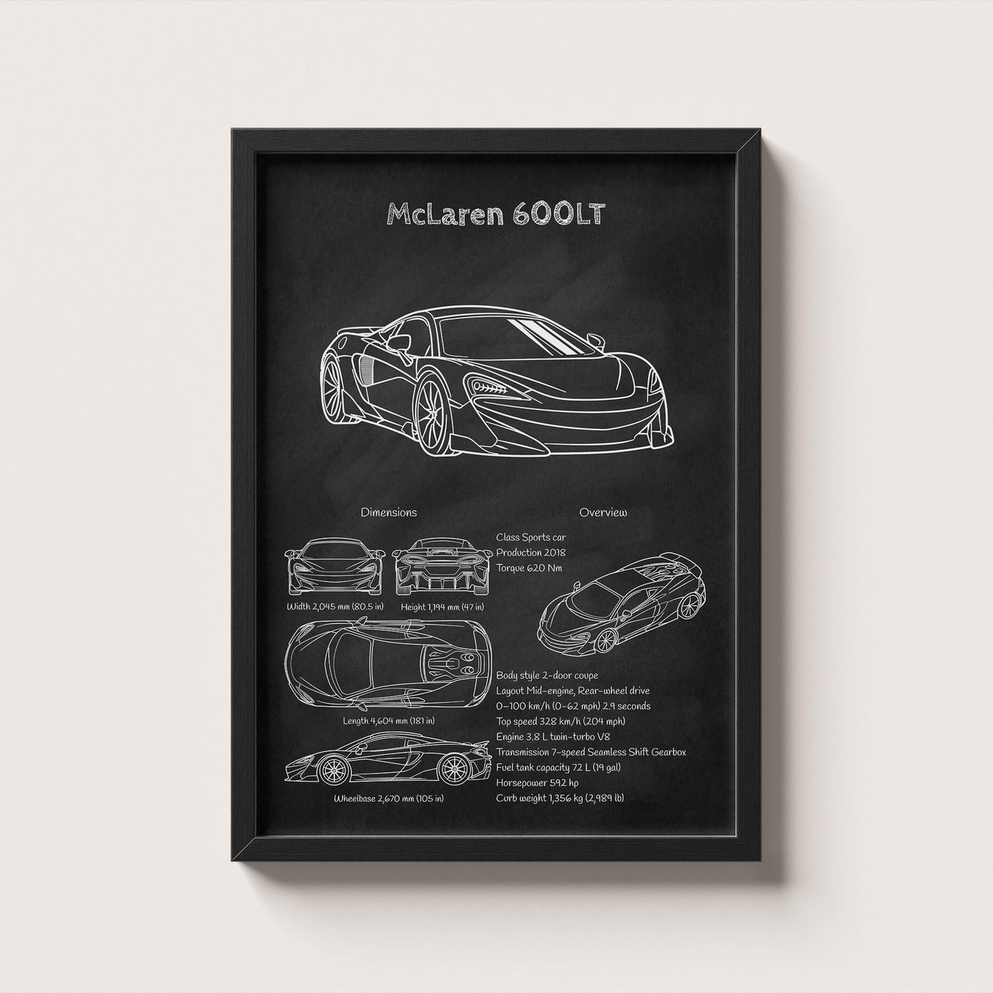 Framed poster of a McLaren 600LT with technical drawings on a black background