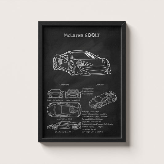 Framed poster of a McLaren 600LT with technical drawings on a black background