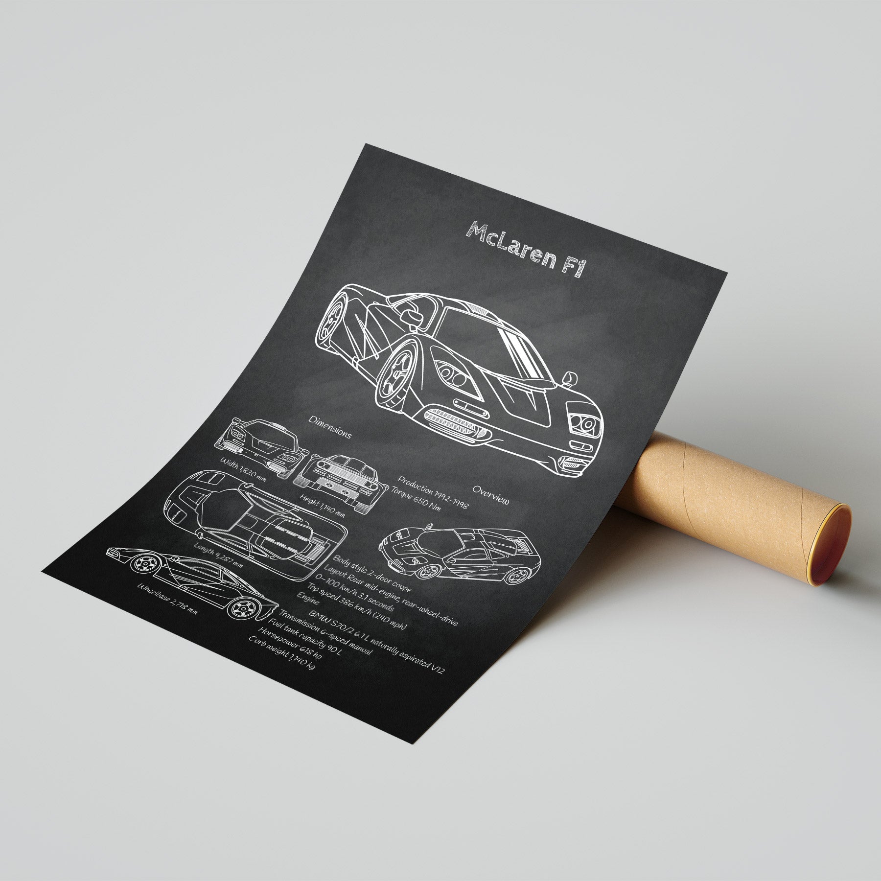 McLaren F1 poster with technical drawings on a gray background