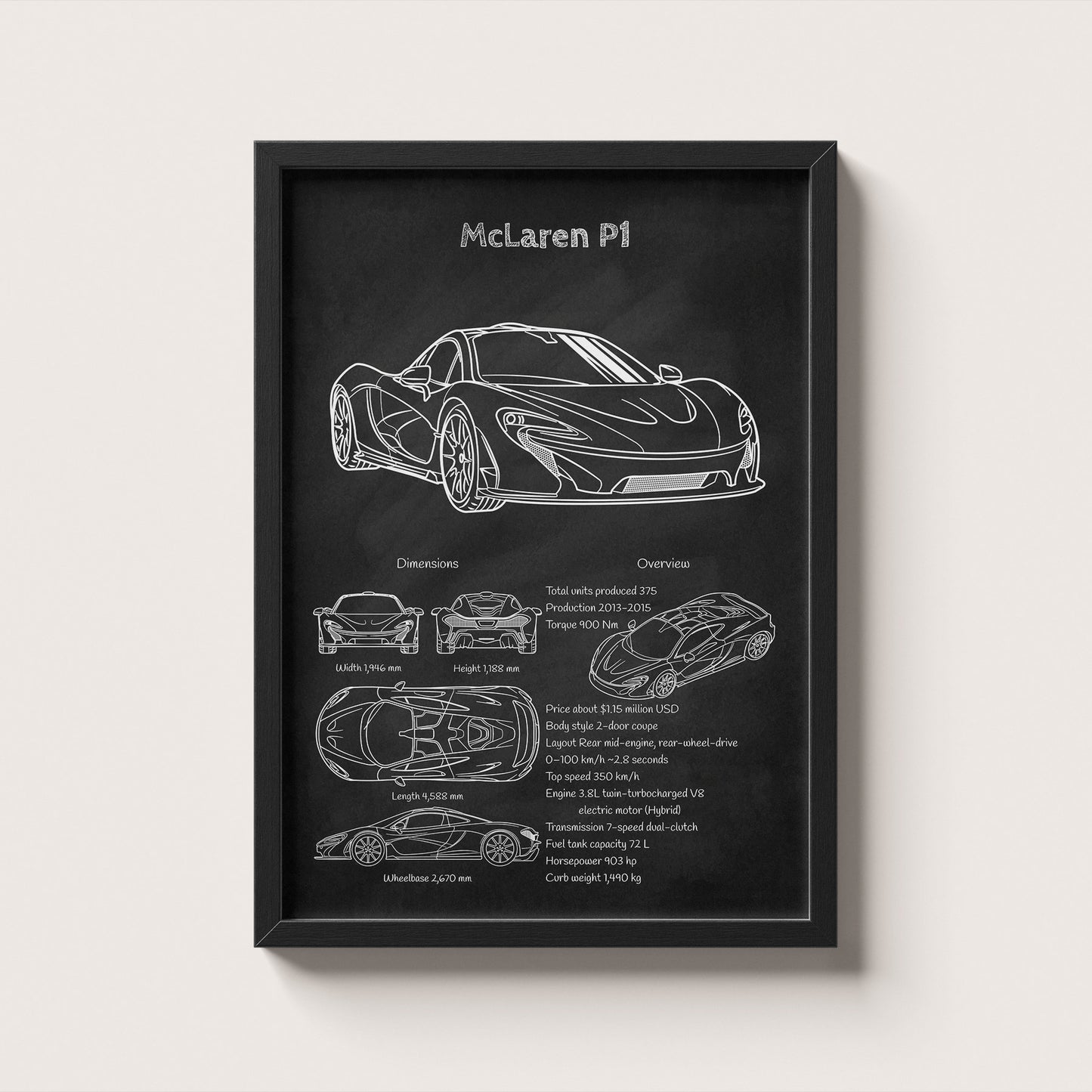 Framed poster of a McLaren P1 design on a chalkboard background