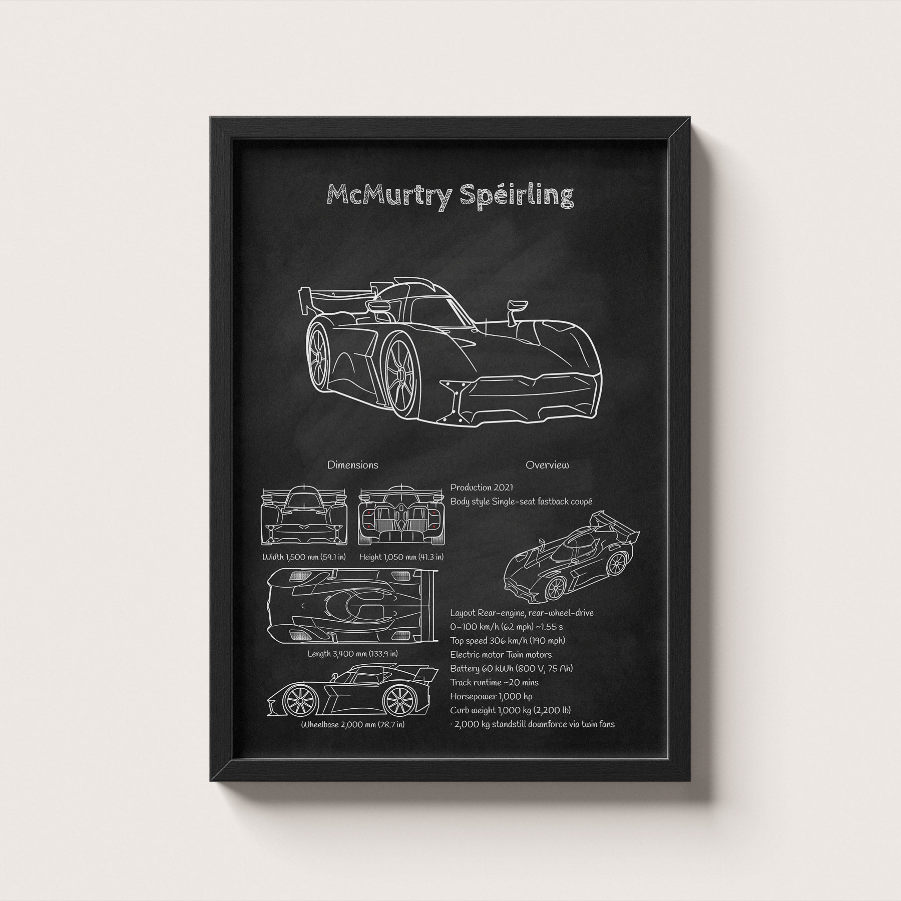 Framed black and white car blueprint with 'McMurtry Speirling' branding on a light gray background