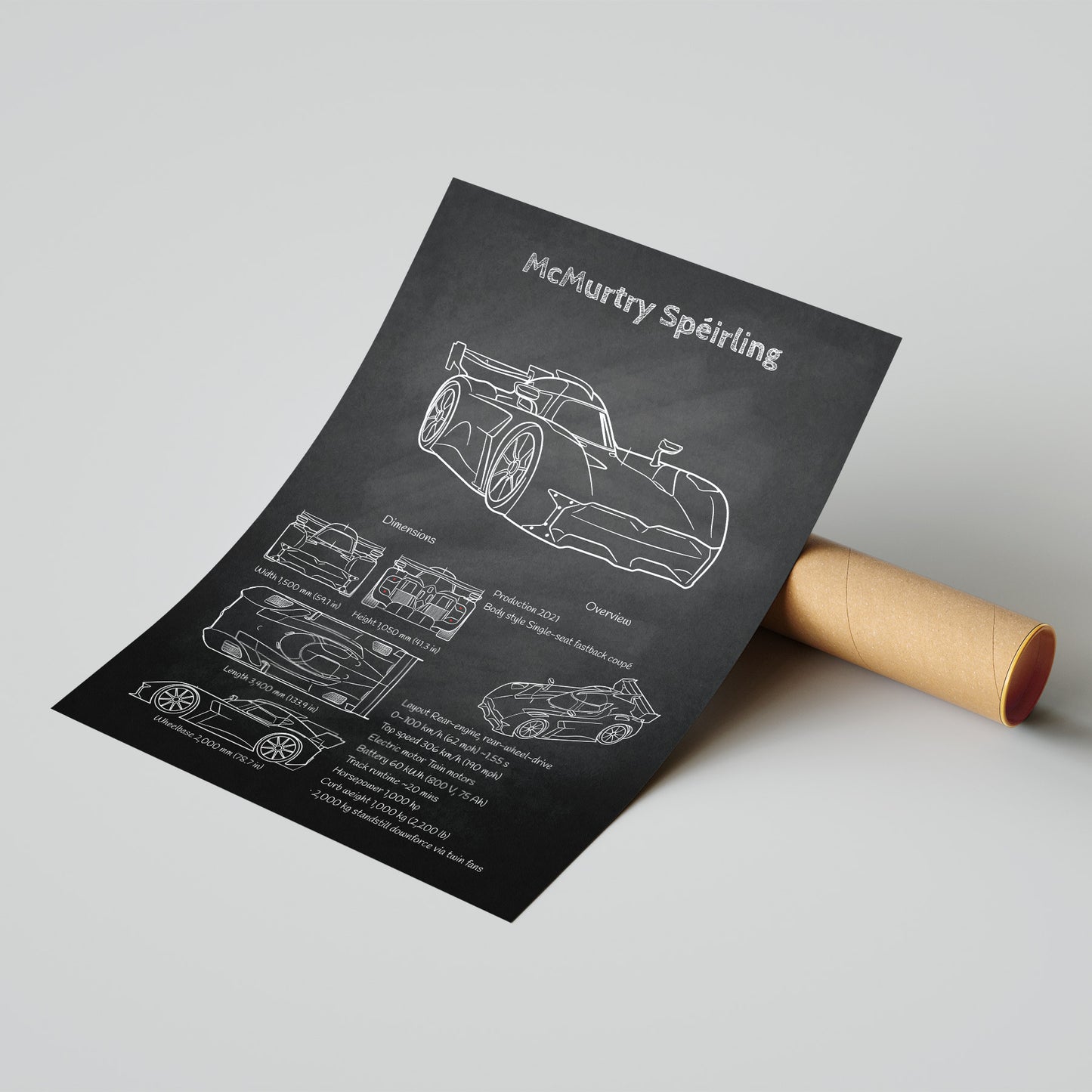 Roll of paper with McMurtry Speirling design blueprint on a gray background