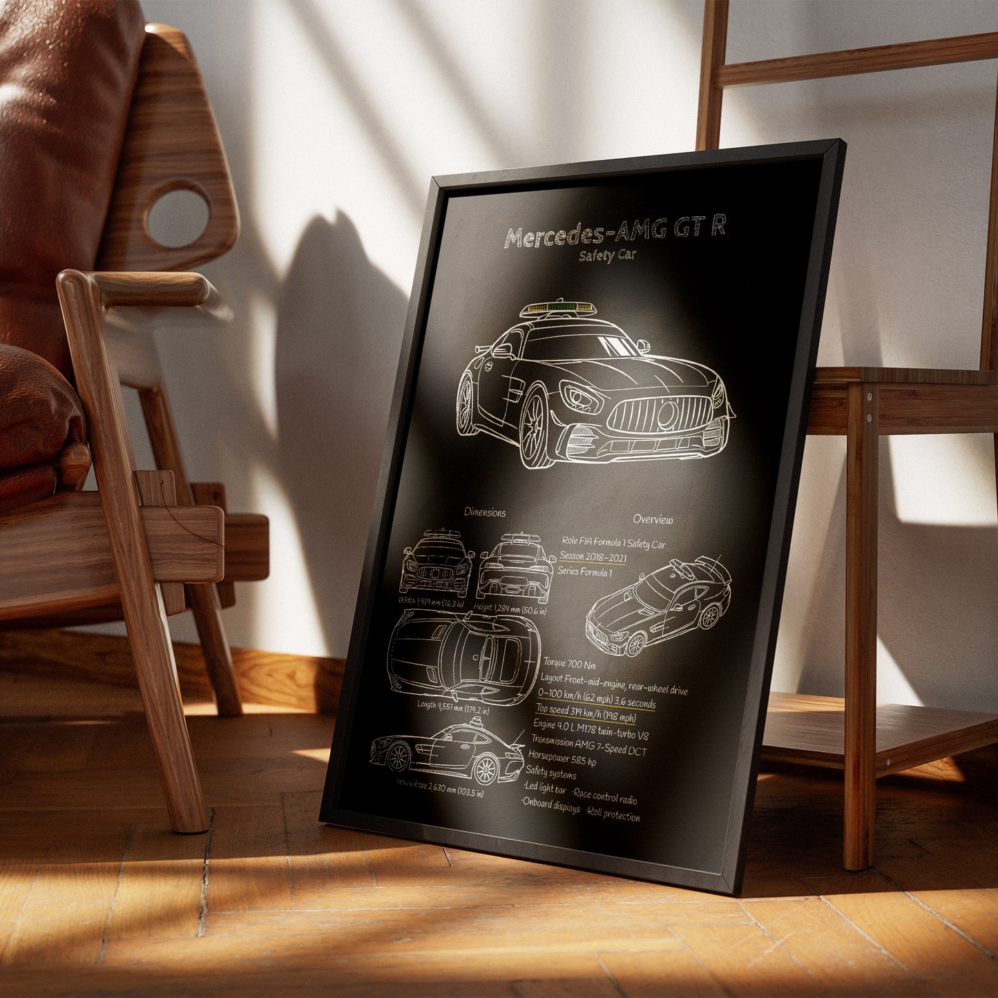 Framed poster of Mercedes-AMG GT R safety car design on a wooden floor with a chair and table in the background.