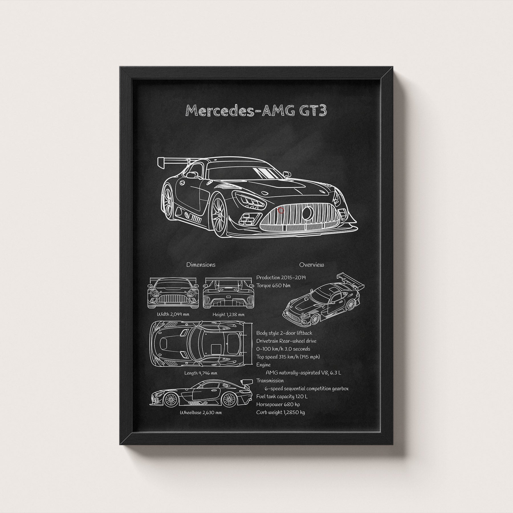 Framed Mercedes-AMG GT3 blueprint poster hanging on wall – classic car engineering wall art