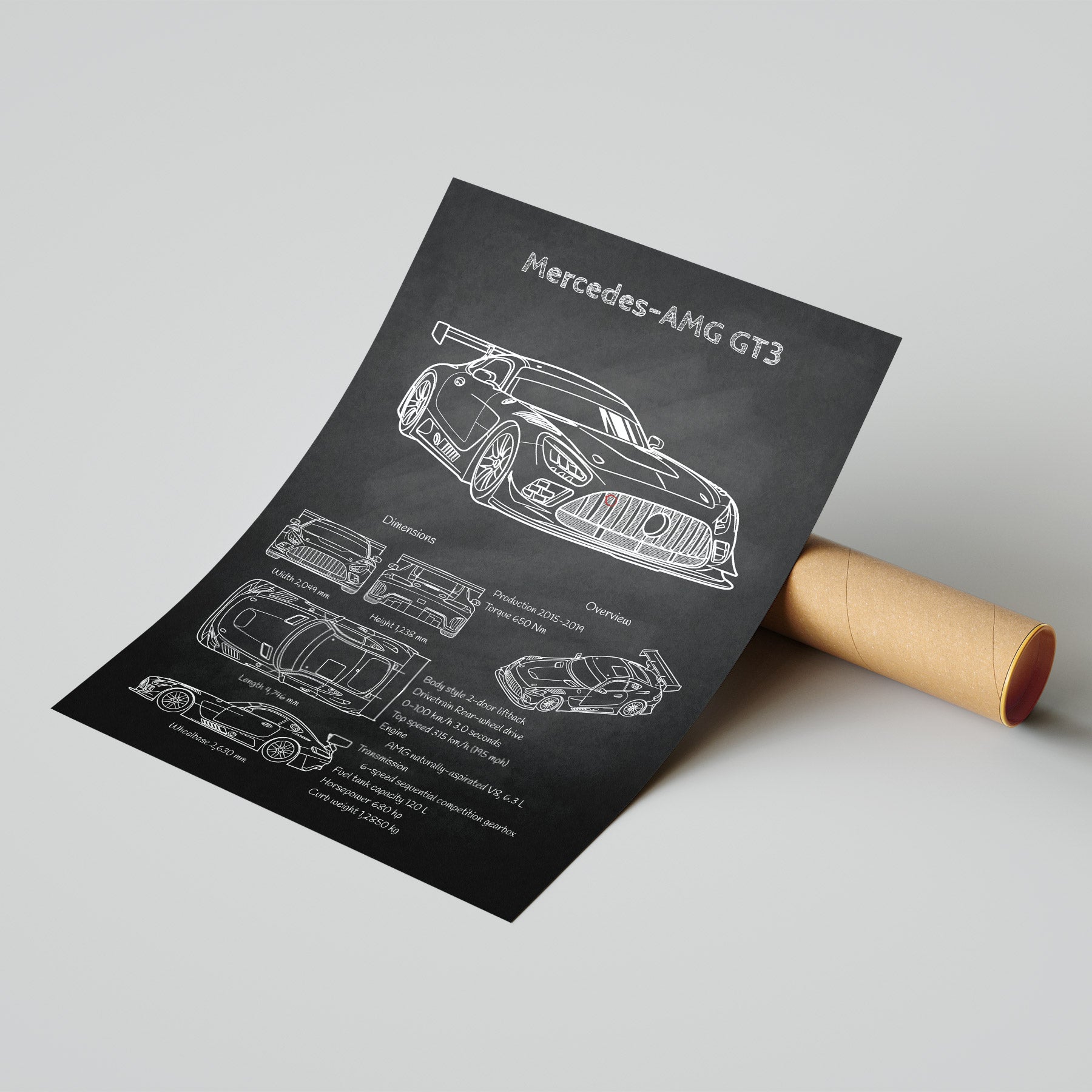 Mercedes-AMG GT3 blueprint poster with mailing tube – ready-to-ship automotive wall decor