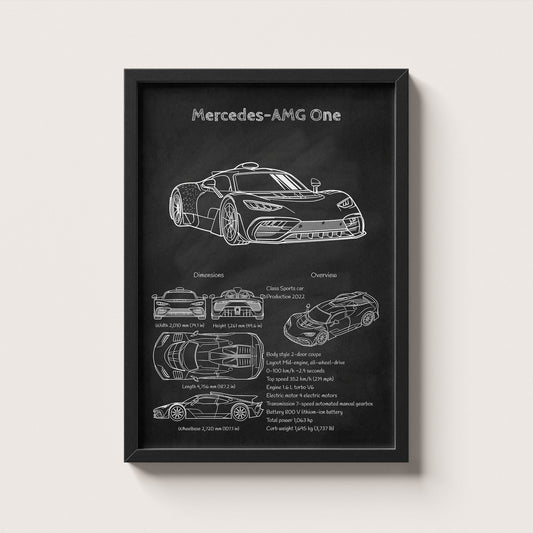 Framed poster of Mercedes-AMG One with technical drawings on a black background