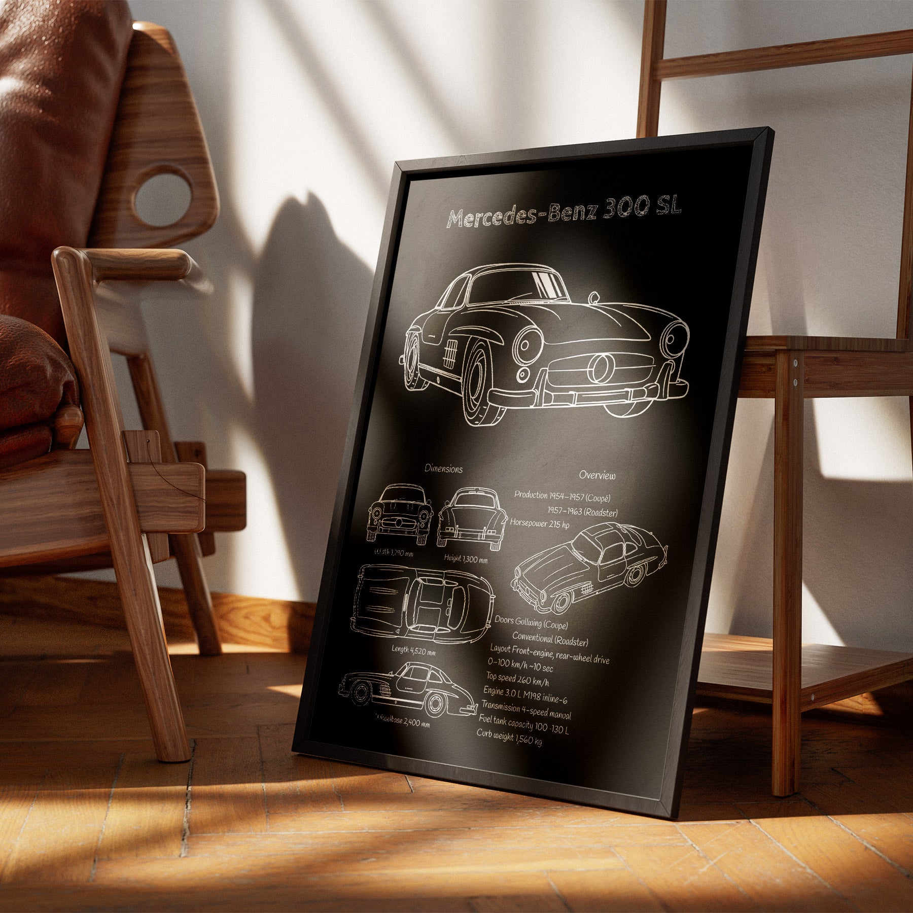Framed blueprint of a Mercedes-Benz 300 SL on a wooden floor with a chair and table in the background.