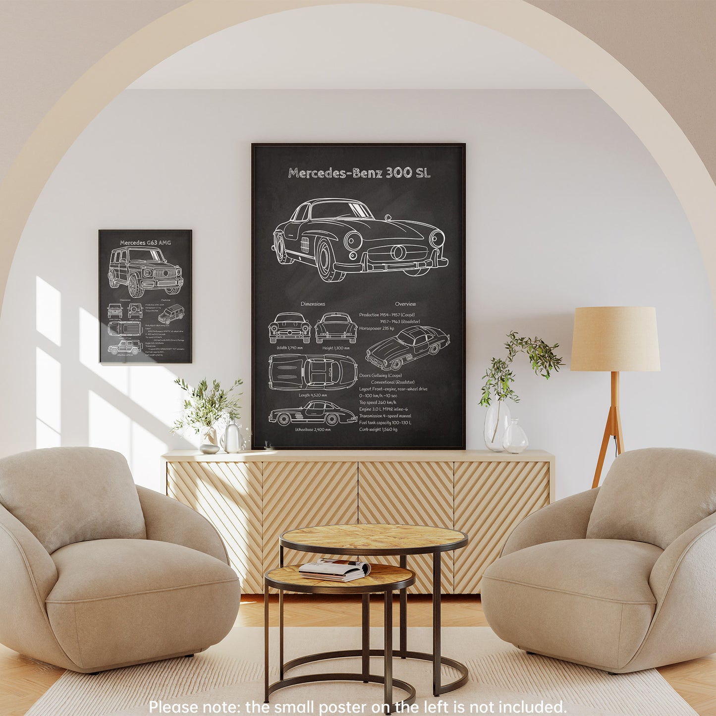 Living room with beige armchairs, a coffee table, and framed Mercedes-Benz 300 SL poster.