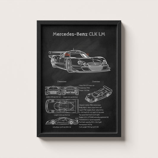 Framed poster of Mercedes-Benz CLK LM with technical details on a black background