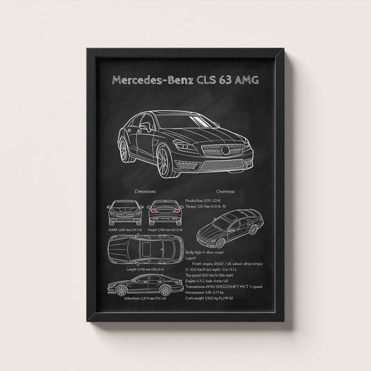 Framed poster of Mercedes-Benz CLS 63 AMG with technical drawings and specifications on a black background.