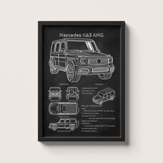Framed black and white blueprint of a Mercedes G63 AMG on a light gray background