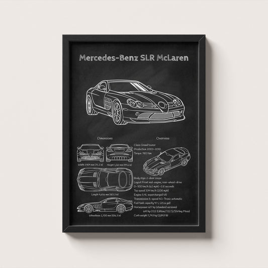 Framed black and white blueprint of a Mercedes-Benz SLR McLaren on a light gray background
