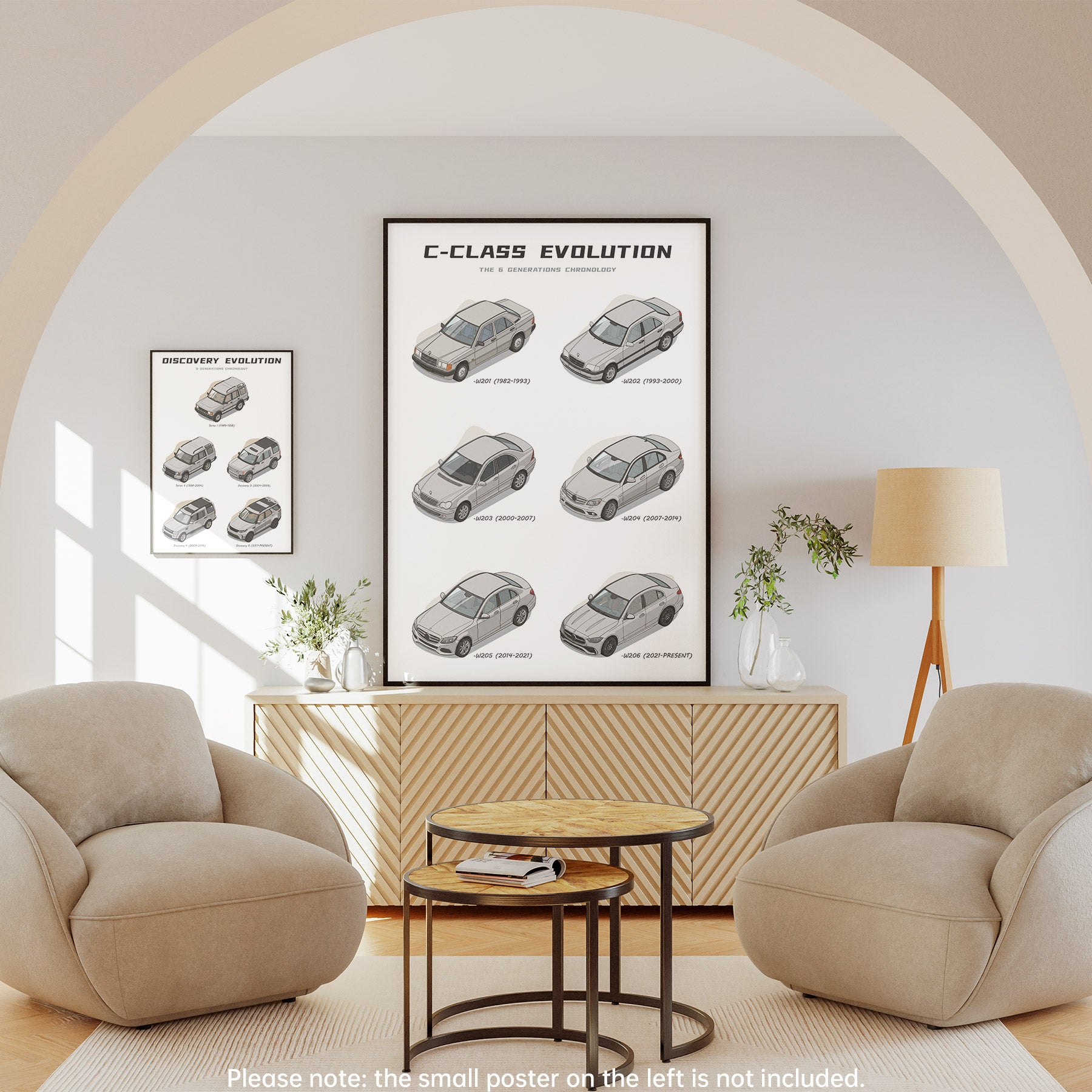 Living room with 'C-Class Evolution' poster on a wall, beige armchairs, and a lamp.