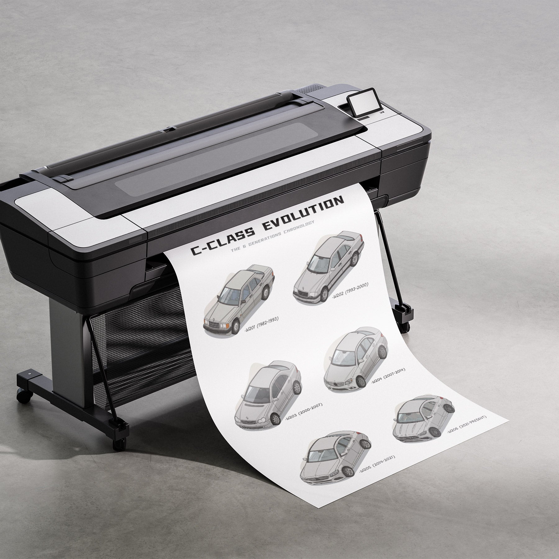 Large format printer with a sheet of paper displaying C-Class Evolution illustrations on a gray background