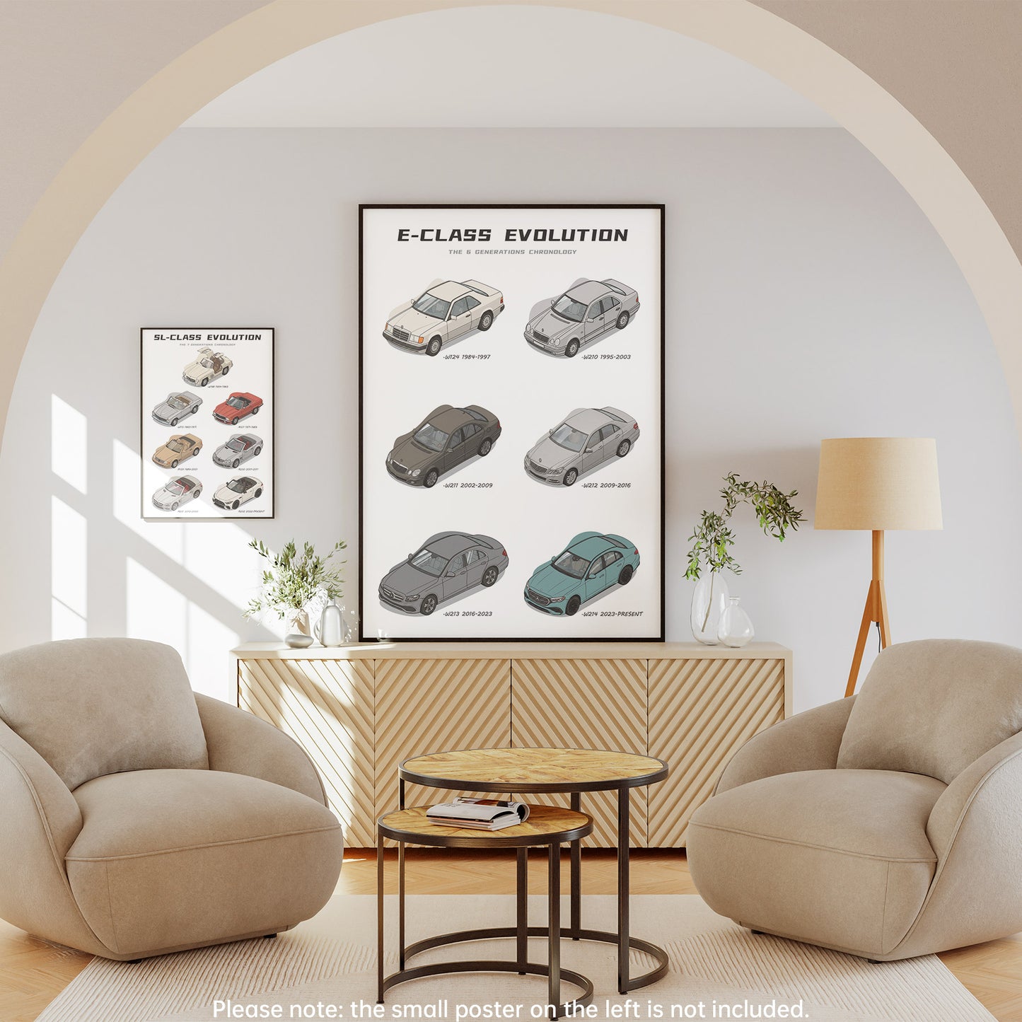 Living room with 'E-Class Evolution' poster on the wall