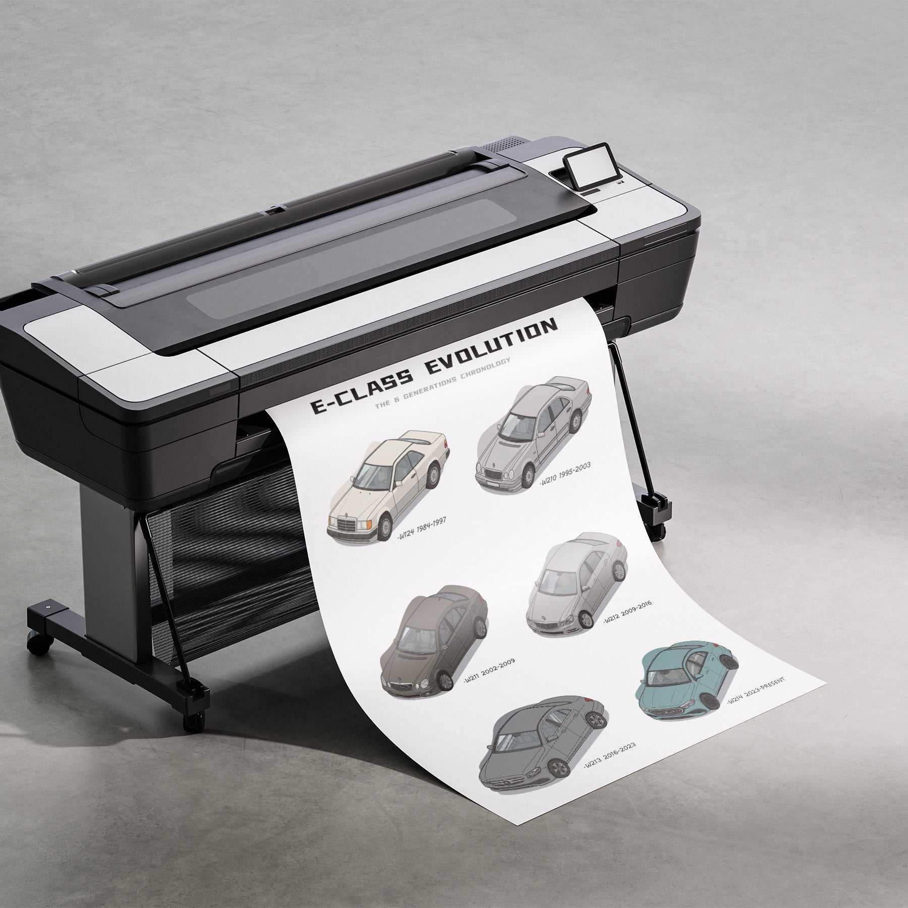 Large format printer with a printed sheet titled 'E-Class Evolution' featuring car illustrations.