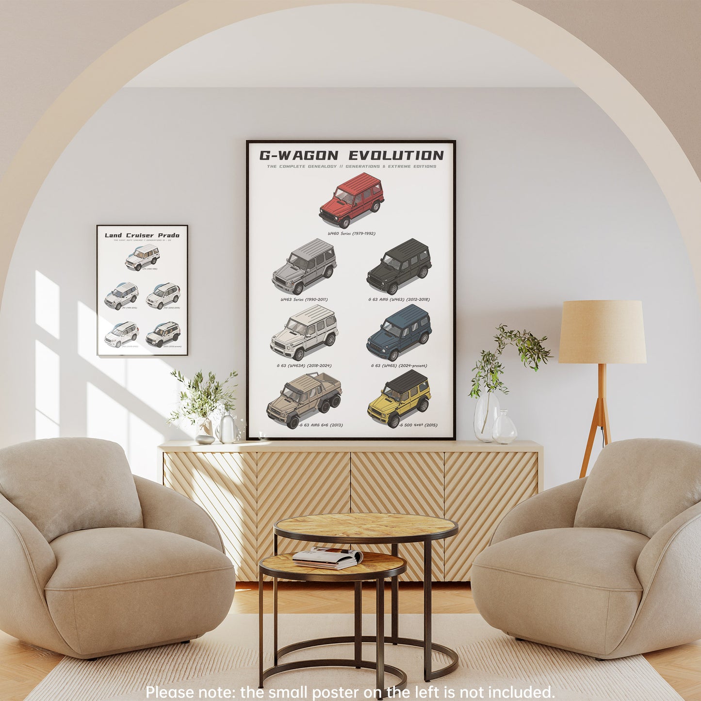 Living room with 'Mercedes G-Wagon evolution' poster on the wall