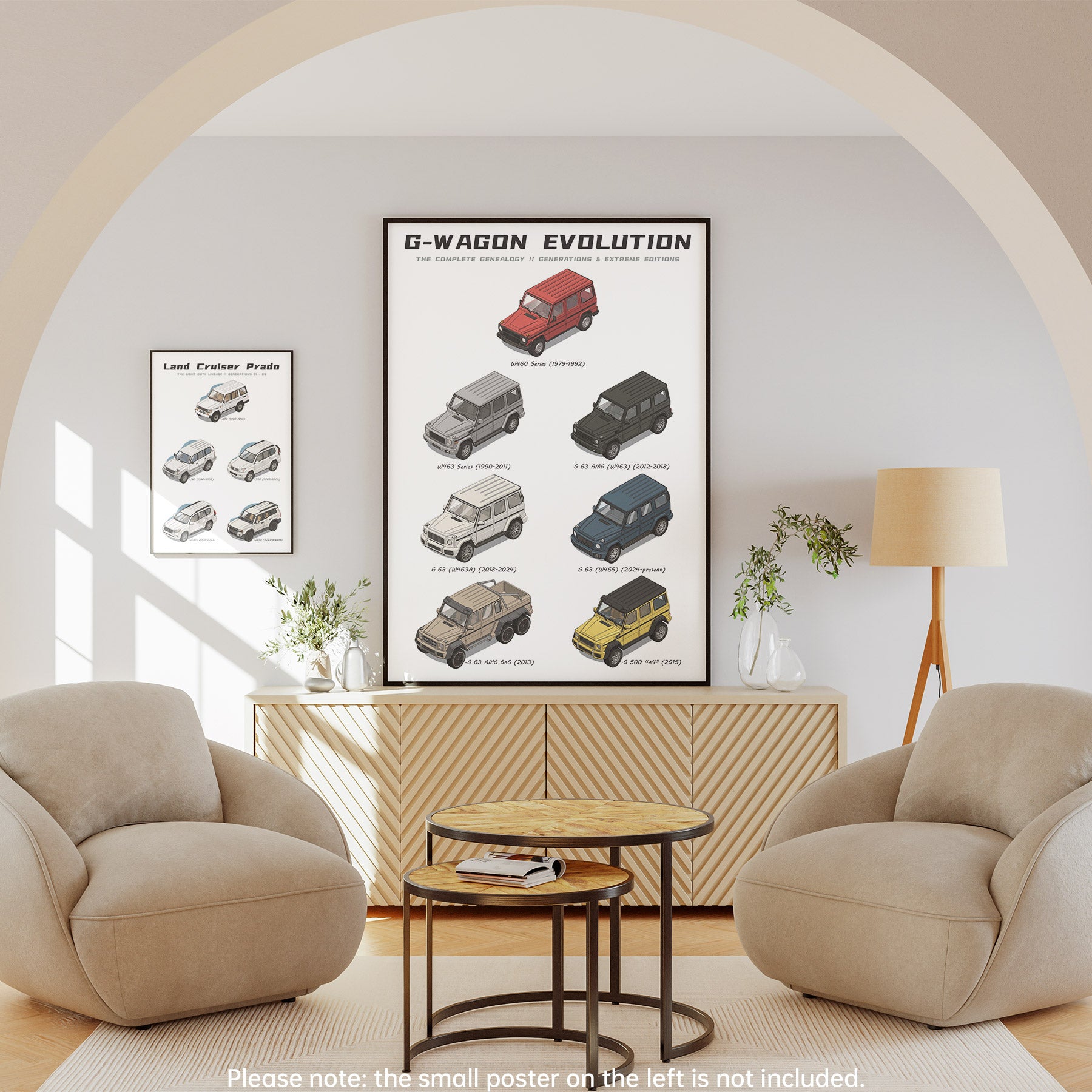 Living room with 'Mercedes G-Wagon evolution' poster on the wall