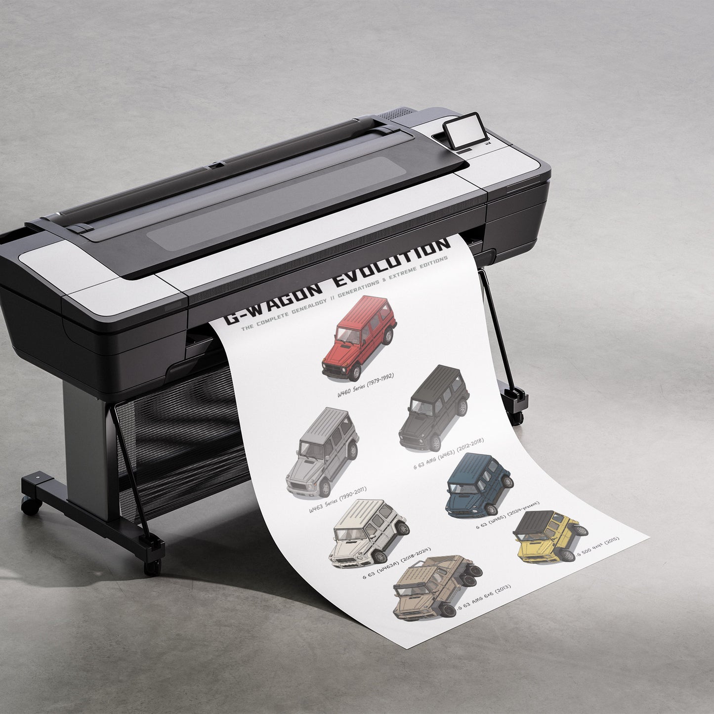 Large format printer with a printed sheet showing a Mercedes G-Wagon evolution diagram on a gray background