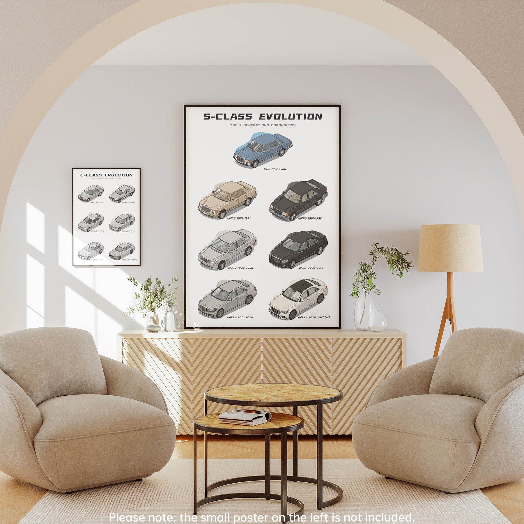 Living room with 'S-Class Evolution' car poster on the wall