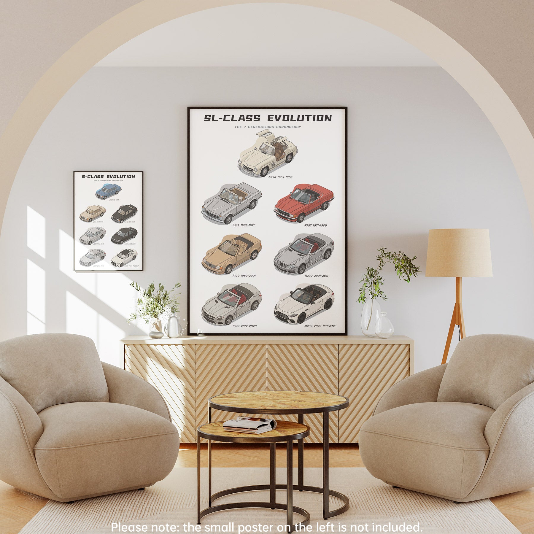 Living room with a 'SL-Class Evolution' poster on the wall