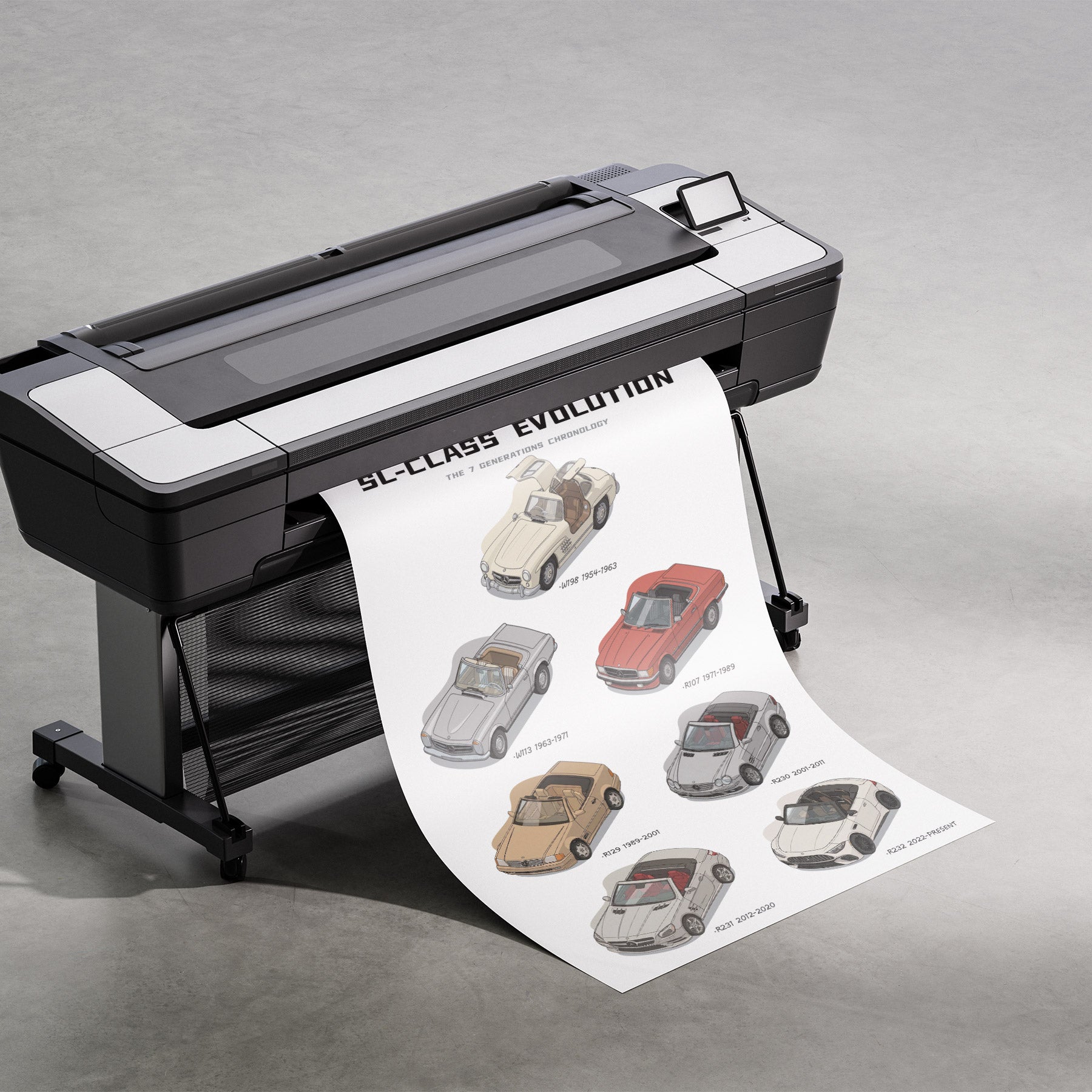 Large format printer with a sheet of printed car illustrations on a gray background